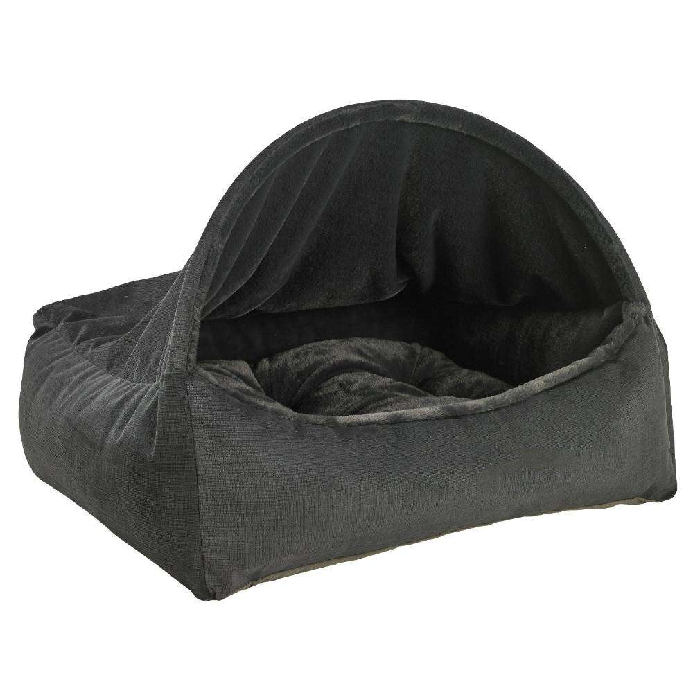 Galaxy Bowsers Canopy Dog Bed in dark gray shows an angled view of the cushioned interior and covered sleep space