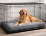 Golden retriever lies comfortably in a large wire crate on the plush gray Bowsers Luxury Crate Mattress Dog Bed