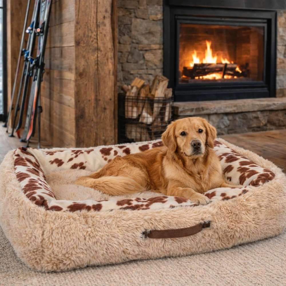 Golden retriever lies comfortably on a soft, fur-lined rectangular bed near a lit fireplace, enjoying the warmth on Bowsers The Dude Dog Bed