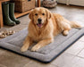 Golden retriever lies comfortably on a soft, rectangular Bowsers Cosmopolitan Mat placed on a tiled floor near a doorway, looking relaxed and content