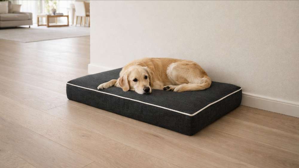 Golden retriever lies on the dark gray Bowsers Isotonic Memory Foam Mattress positioned against a wall in a modern indoor space