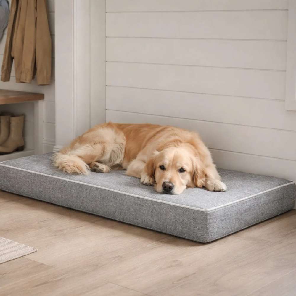 Golden retriever relaxes comfortably on the gray Bowsers Isotonic Memory Foam Mattress placed on a light wood floor inside a bright home