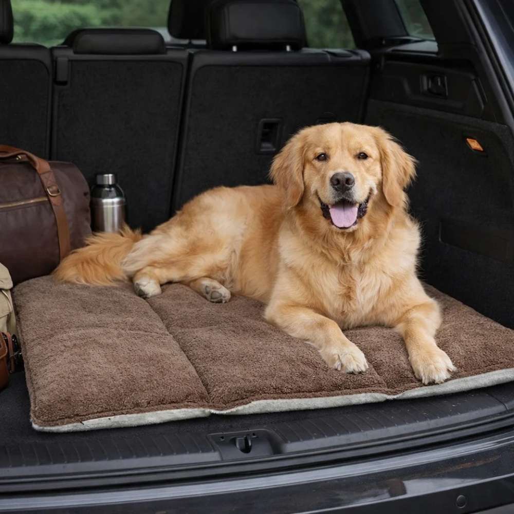 Golden retriever relaxes in the back of a car on a cushioned brown Bowsers Urban Home & Travel Mat, with a travel bag and bottle nearby