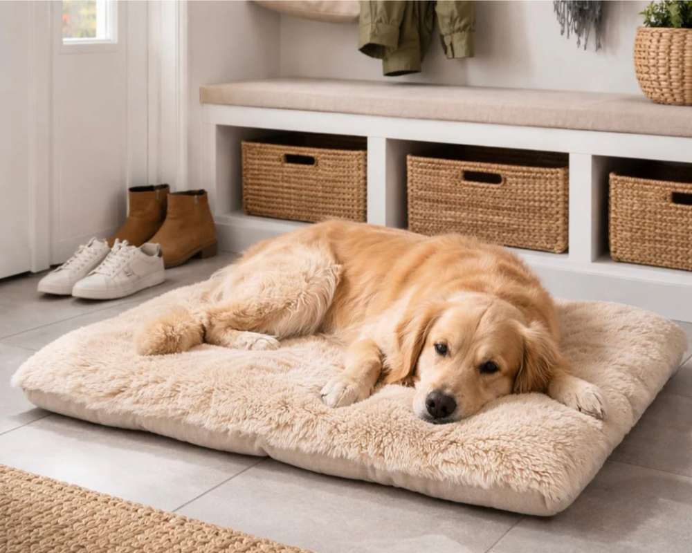 Golden retriever rests on a fluffy beige Bowsers Dream Futon Dog Bed placed on a tiled floor near storage baskets