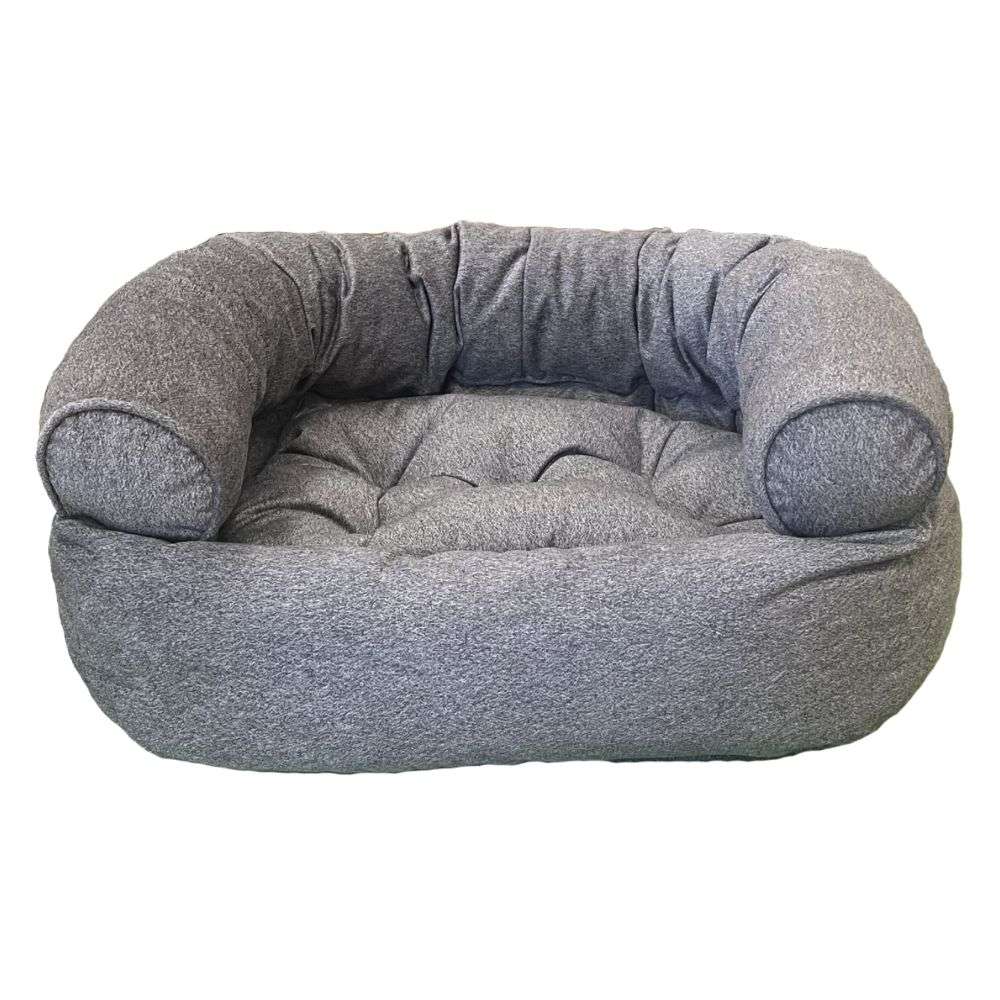 Gravel Bowsers Double Donut Bed in textured gray fabric with a deep cushioned base and rounded bolsters.