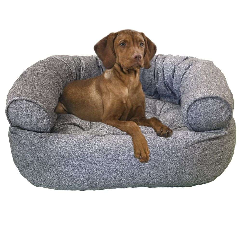 Gravel Bowsers Double Donut Bed with a cozy gray cushioned design shown with a brown puppy relaxing inside