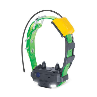 Green Dogtra Pathfinder2 Mini Additional Receiver with a compact device, metal contact points, and bright front LED lights