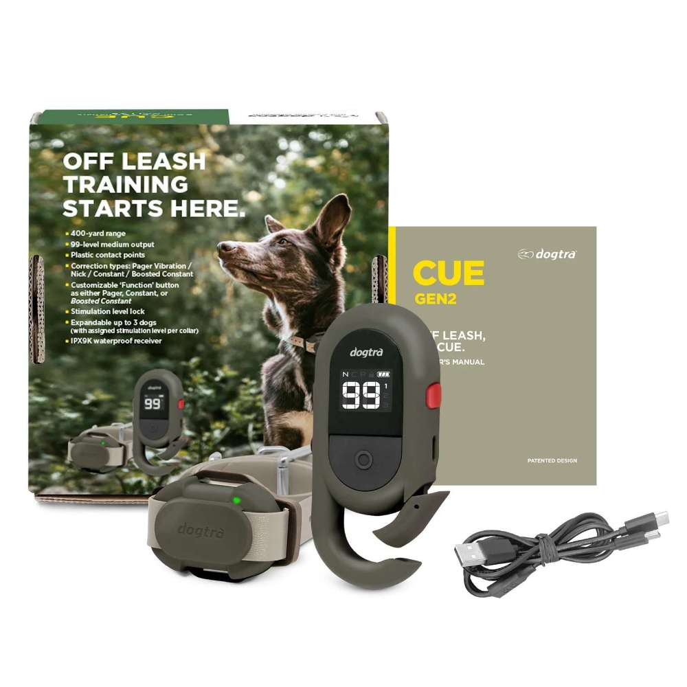 Grey Dogtra CUE GEN2 400 Yard Dog Remote Trainer is with packaging, remote, collar, manual, and charging cable, highlighting off-leash training use