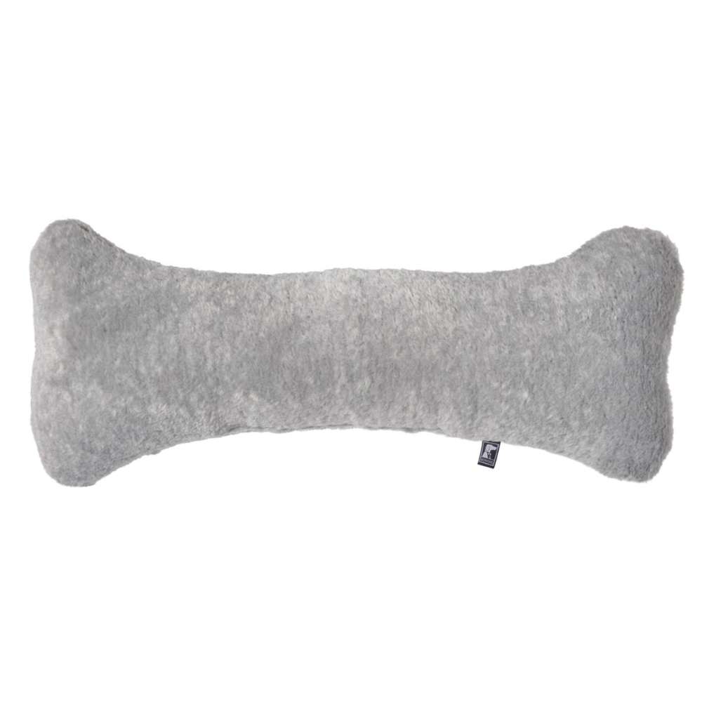 Grey Goose Bowsers Bumper Bone Pillow light gray fuzzy bone-shaped dog toy displayed horizontally on a plain background