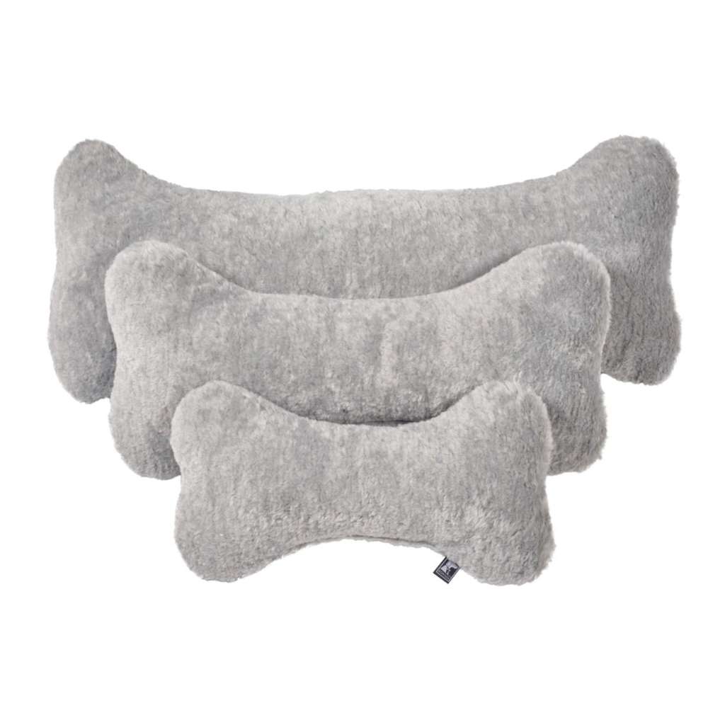 Grey Goose Bowsers Bumper Bone Pillow light gray plush bone dog toys stacked together in three soft sizes