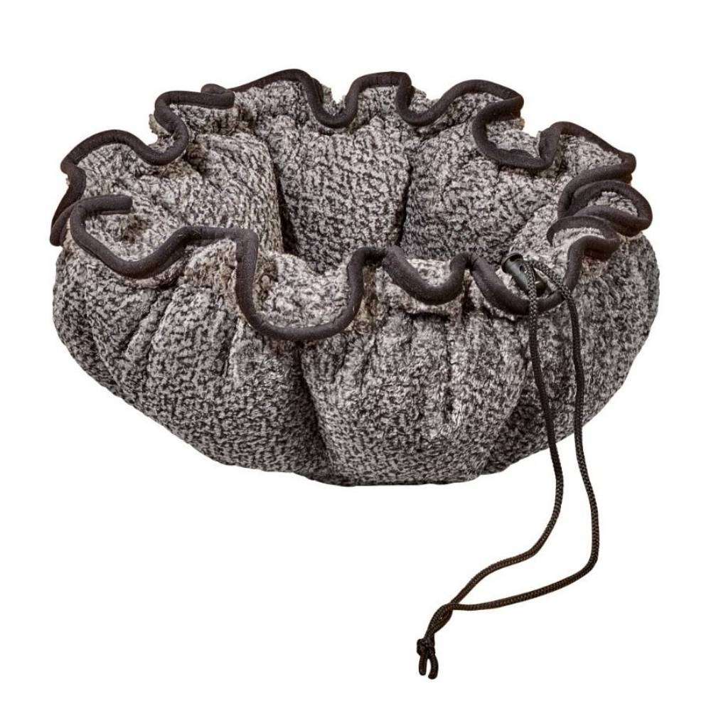 Grey Owl Bowsers Buttercup Dog Bed in textured gray fabric with raised cushioned sides and adjustable drawstrings