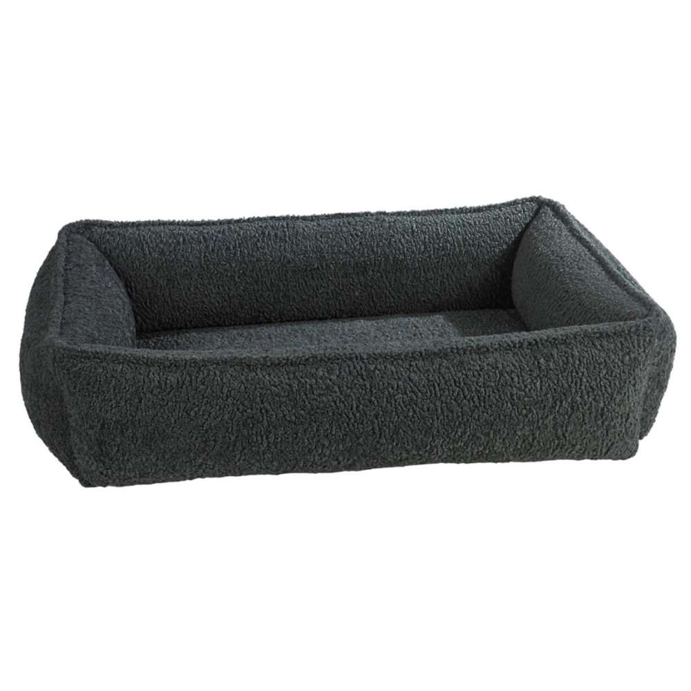 Grey Sheepskin Bowsers Urban Lounger Dog Bed in dark gray plush fabric with soft raised sides