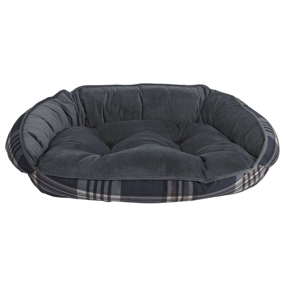 Greystone Tartan Bowsers Crescent Reversible Dog Bed with a dark gray plush cushion, plaid outer fabric, and raised padded sides