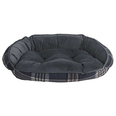 Greystone Tartan Bowsers Crescent Reversible Dog Bed with a dark gray plush cushion, plaid outer fabric, and raised padded sides