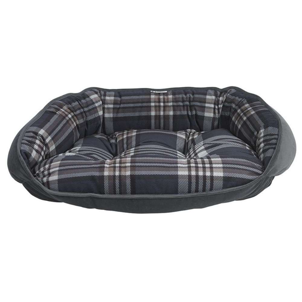 Greystone Tartan Bowsers Crescent Reversible Dog Bed with a gray plaid interior, thick cushioning, and cozy wraparound bolsters