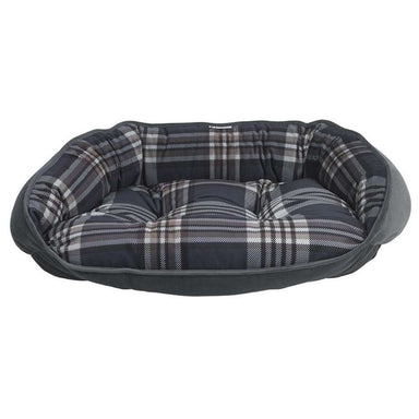 Greystone Tartan Bowsers Crescent Reversible Dog Bed with a gray plaid interior, thick cushioning, and cozy wraparound bolsters