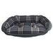 Greystone Tartan Bowsers Crescent Reversible Dog Bed with a gray plaid interior, thick cushioning, and cozy wraparound bolsters