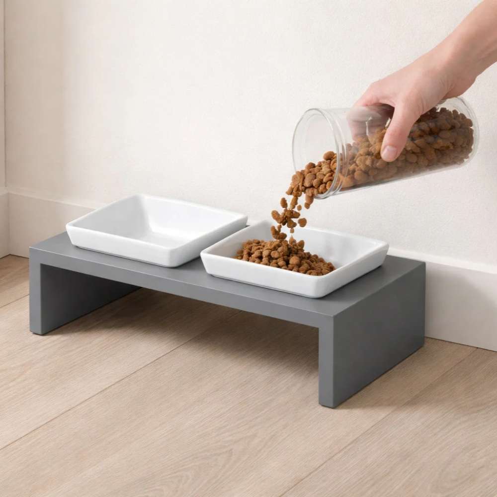 Hand pours dry dog food into one of two raised bowls on Bowsers Moderno Wood Feeder