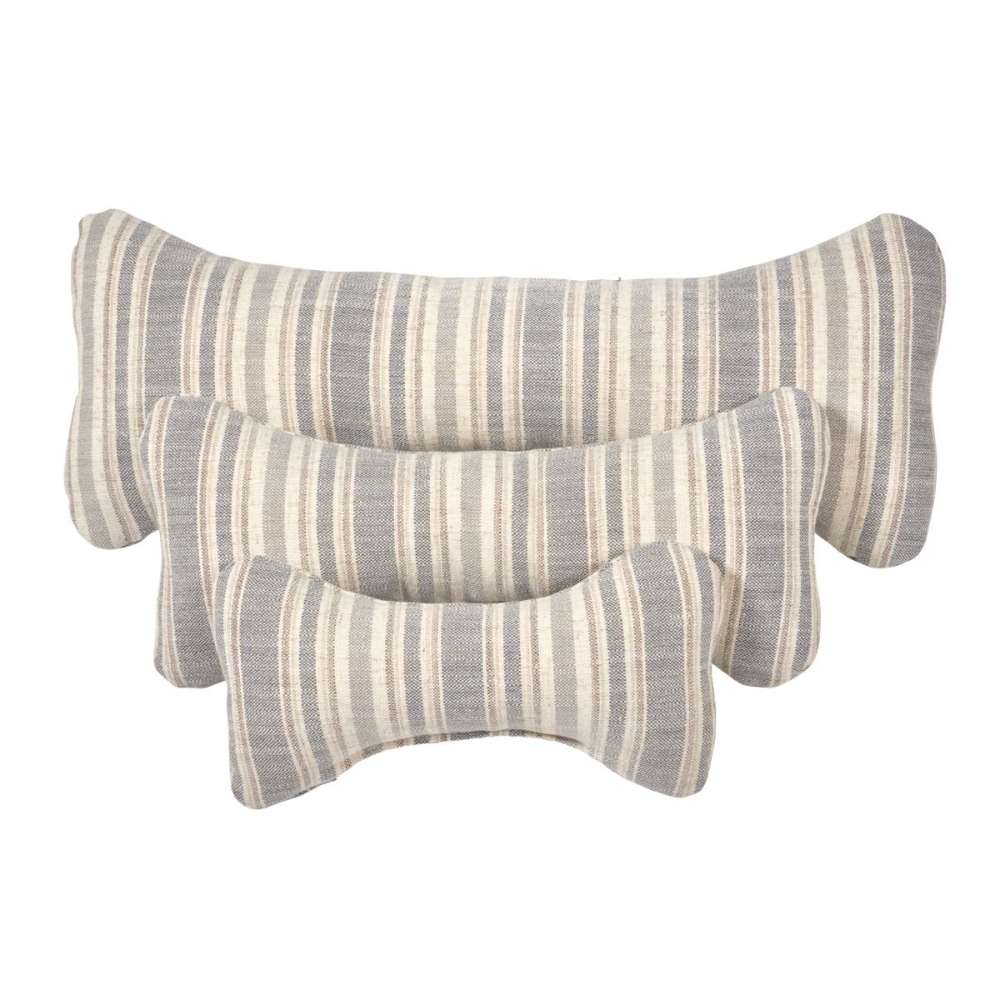 Harper Stripe Bowsers Bumper Bone Pillow gray and cream striped bone-shaped dog pillows displayed together in three sizes