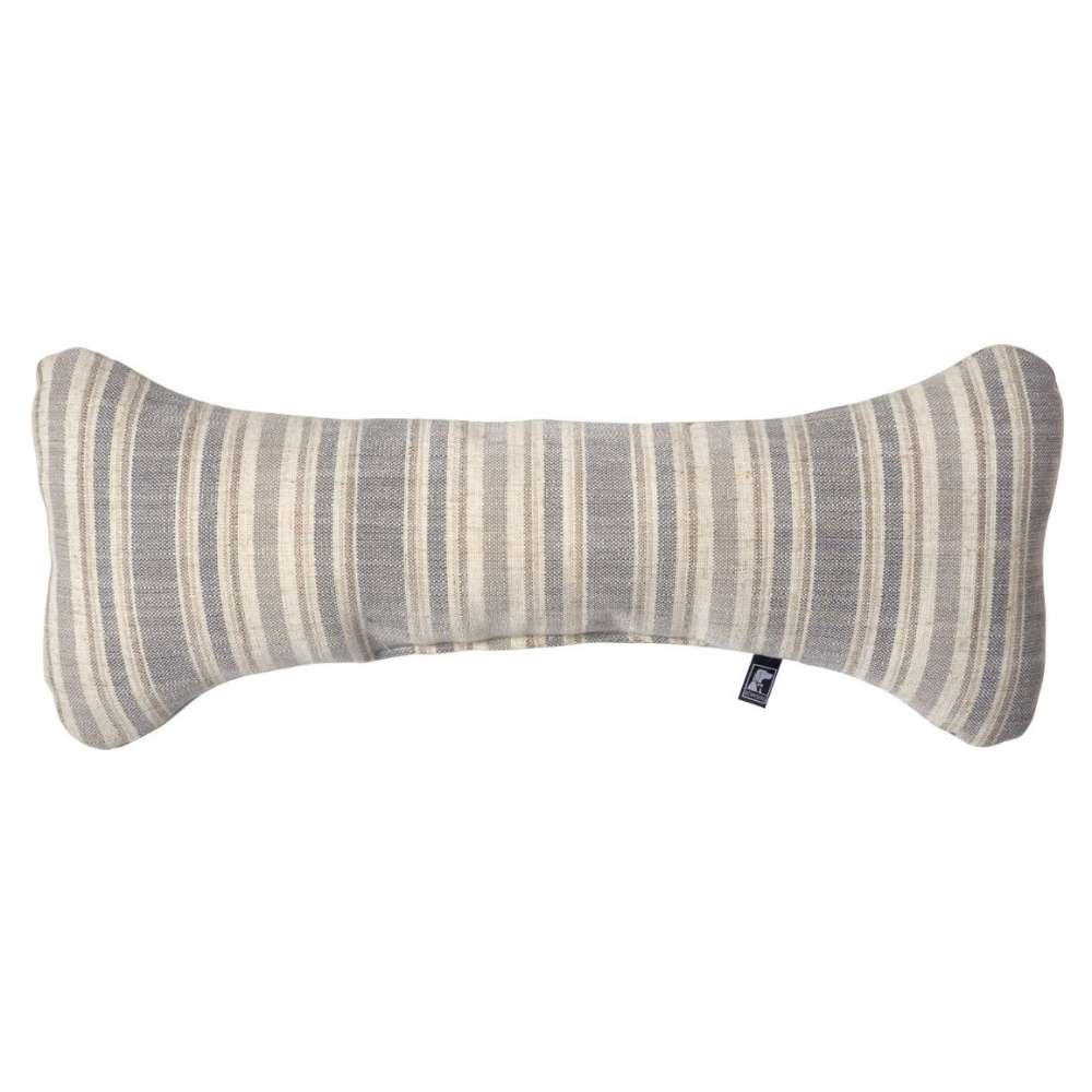 Harper Stripe Bowsers Bumper Bone Pillow gray striped plush dog toy with a soft bone-shaped design on a plain background.