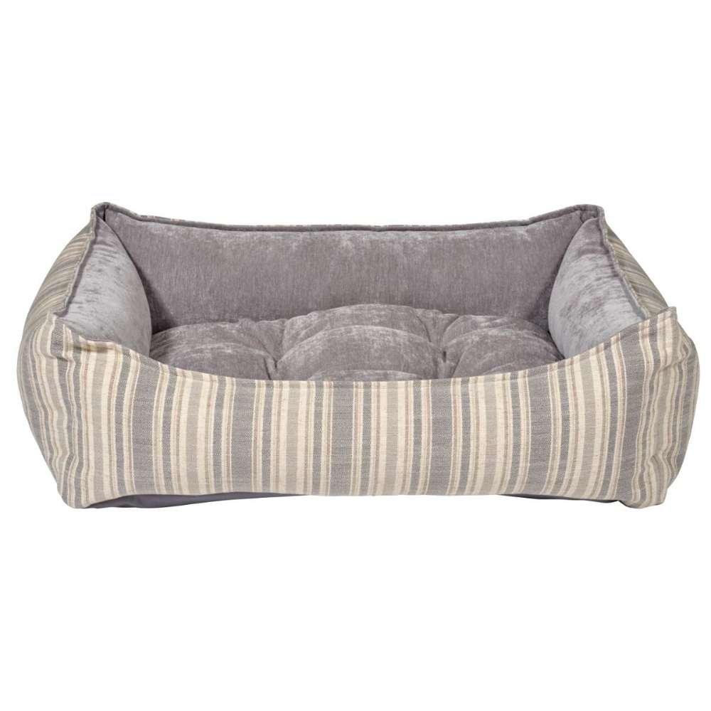 Harper Stripe Bowsers One Of A Kind Scoop Dog Bed has a striped beige and gray outer fabric with a thick padded center