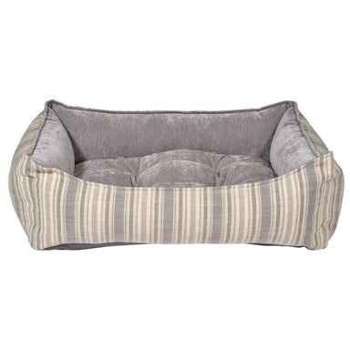 Harper Stripe Bowsers One Of A Kind Scoop Dog Bed has a striped beige and gray outer fabric with a thick padded center