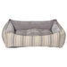 Harper Stripe Bowsers One Of A Kind Scoop Dog Bed has a striped beige and gray outer fabric with a thick padded center