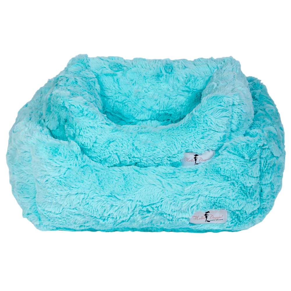 Hello Doggie Cuddle Dog Bed in aquamarine, showing both the exterior and the interior design