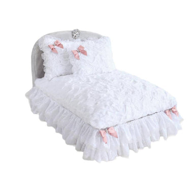 Hello Doggie Enchanted Nights Dog Bed in white, elegantly designed with ruffled lace trim, white cushions, and embellished with pink satin bows featuring crystal accents