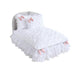 Hello Doggie Enchanted Nights Dog Bed in white, elegantly designed with ruffled lace trim, white cushions, and embellished with pink satin bows featuring crystal accents