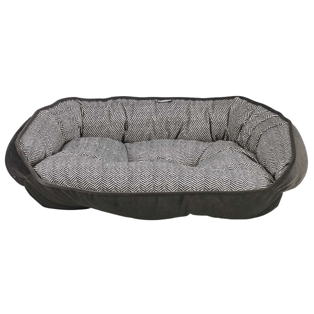 Herringbone Bowsers Crescent Reversible Dog Bed with a black and white herringbone interior and soft raised edges