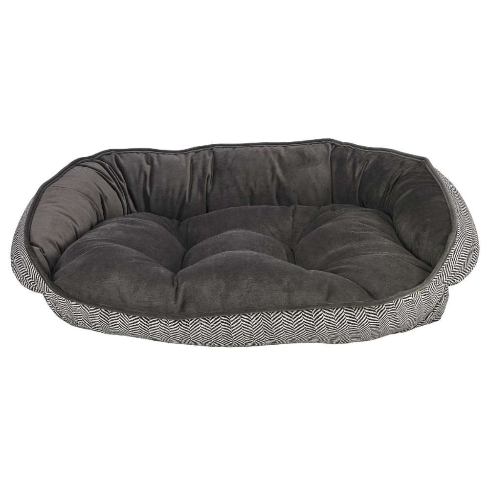 Herringbone Bowsers Crescent Reversible Dog Bed with a charcoal plush cushion and black and white herringbone patterned trim