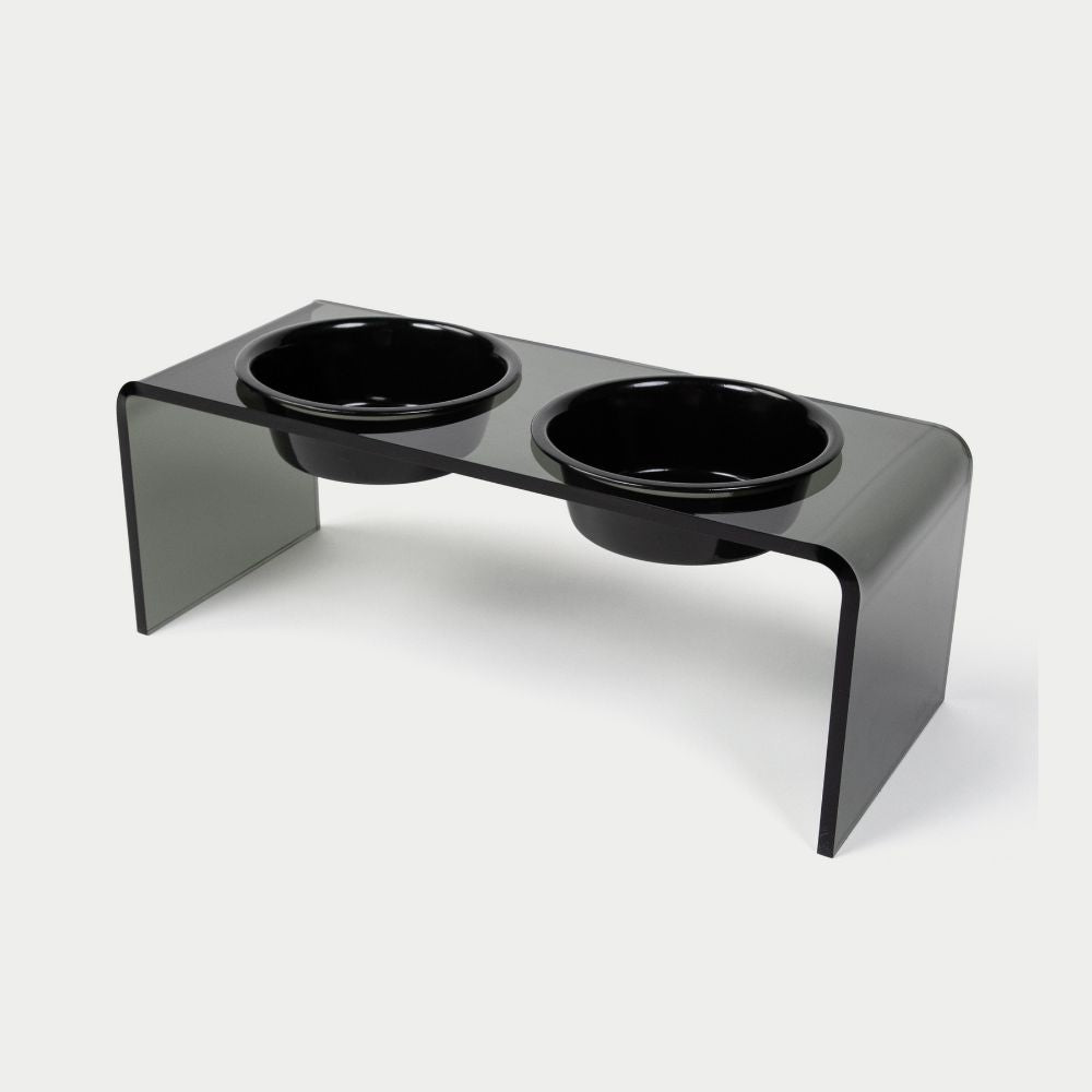Hiddin The Smoke Grey Double Bowl Feeder With Two Black Dog Bowls Medium Acrylic Pet Feeder