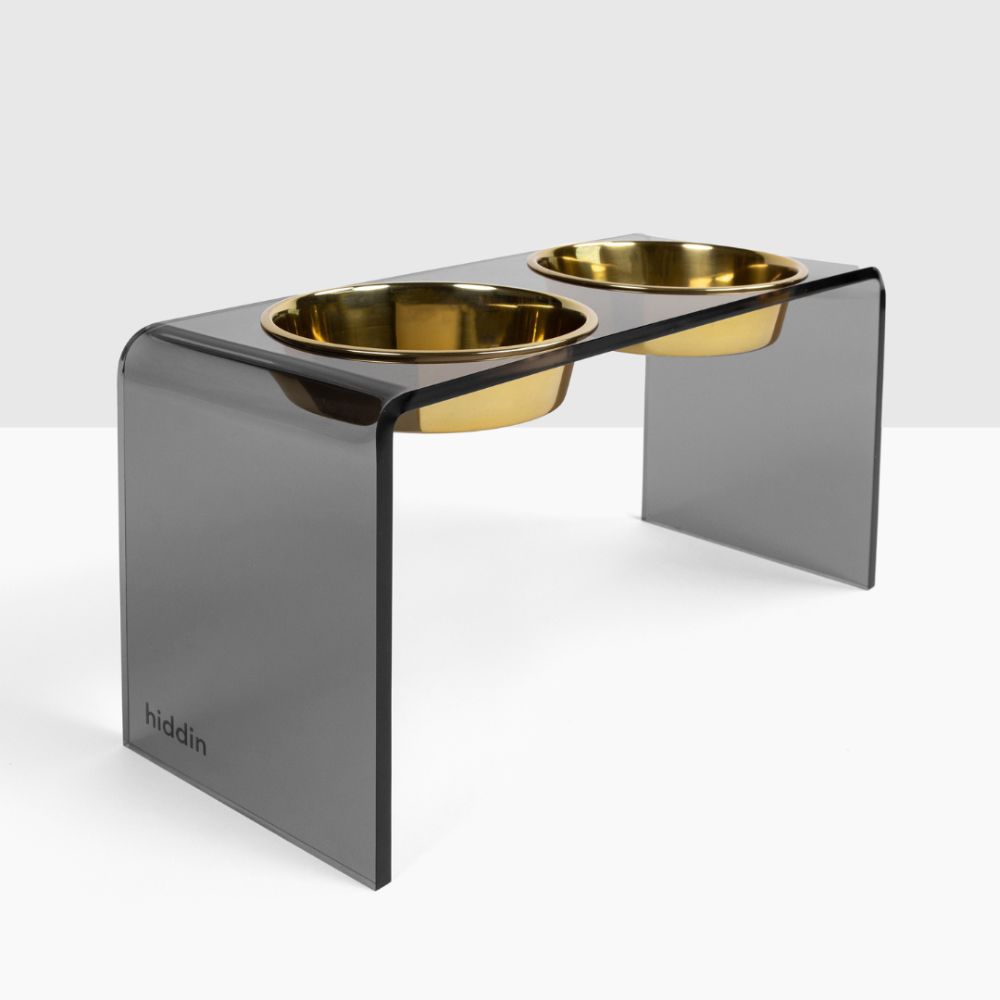 Hiddin The Smoke Grey Double Bowl Feeder With Two Gold Dog Bowls Large Raised Pet Feeder