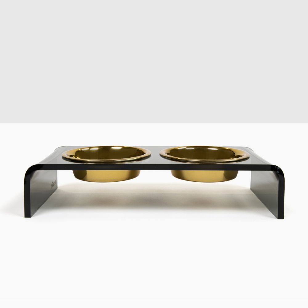 Hiddin The Smoke Grey Double Bowl Feeder With Two Gold Dog Bowls Small Pet Feeder
