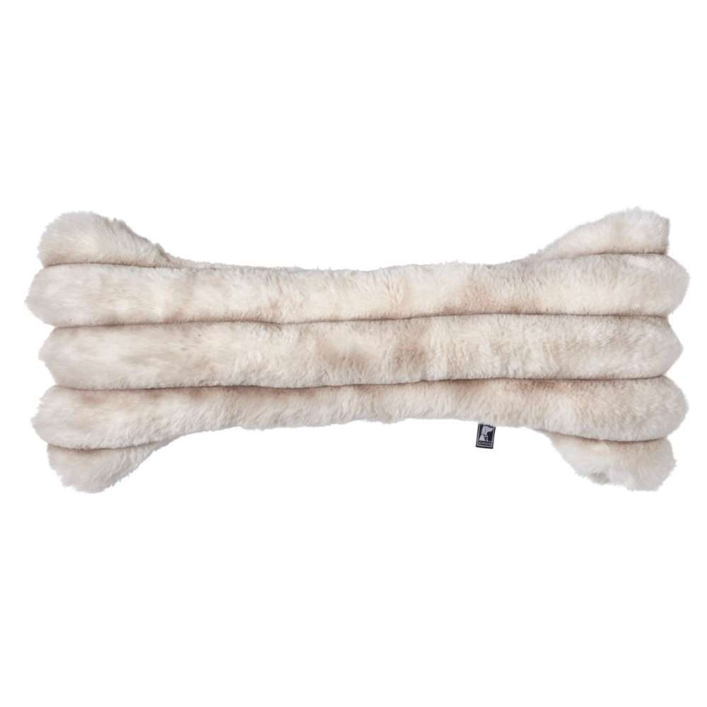 Himalayan Bowsers Bumper Bone Pillow cream faux fur bone-shaped dog toy displayed horizontally on a light background