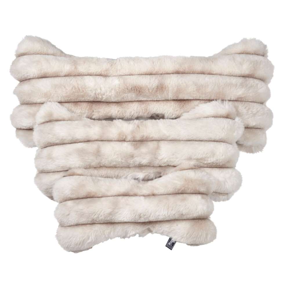 Himalayan Bowsers Bumper Bone Pillow cream fluffy bone dog toys stacked together in multiple plush sizes