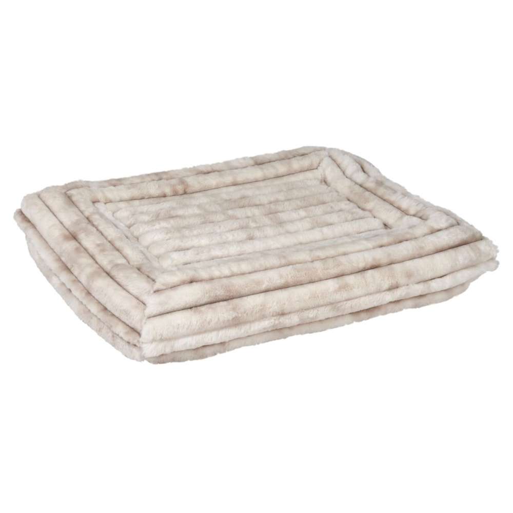 Himalayan Bowsers Hugo Futon Dog Bed features soft beige faux fur with layered edges and a plush flat sleeping surface