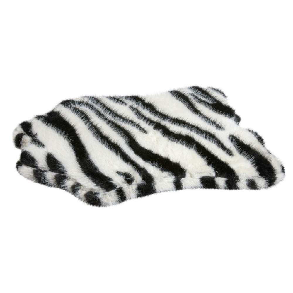 Himalayan Bowsers Maverick Rugbed is a fluffy black and white striped faux fur mat resembling a zebra pattern
