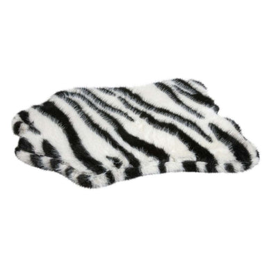 Himalayan Bowsers Maverick Rugbed is a fluffy black and white striped faux fur mat resembling a zebra pattern