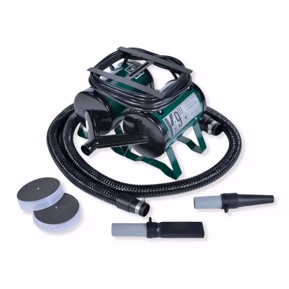 Hunter Green K-9 III Dog Dryer is displayed with hoses, drying nozzles, and round filters beside its compact dual-motor body