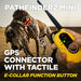 Hunting dog wearing a collar retrieves a bird while a handheld device shows a button press, demonstrating Dogtra Pathfinder2 Mini GPS E-Collar GPS connector and control