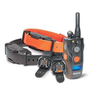 Image displays the remote, two collars, and handsfree units included with Dogtra 1902S Handsfree Plus Boost & Lock Dog Remote Trainer