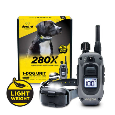 Image shows Dogtra 280X Remote Trainer 1 Dog System packaging, remote, and collar with a lightweight design badge