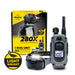 Image shows Dogtra 280X Remote Trainer 1 Dog System packaging, remote, and collar with a lightweight design badge