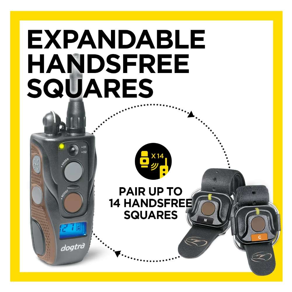 Image shows expandable handsfree squares for Dogtra 1902S Handsfree Plus Boost & Lock Dog Remote Trainer, supporting up to 14 devices