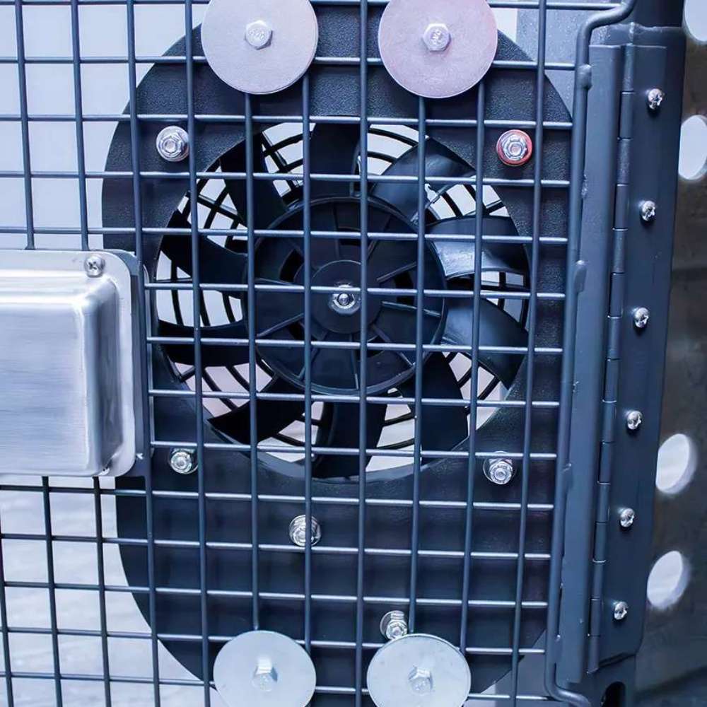 Inside view of the Dakota 283 Dog Crate Ventilation Fan, with the blades visible through the crate’s wire grid
