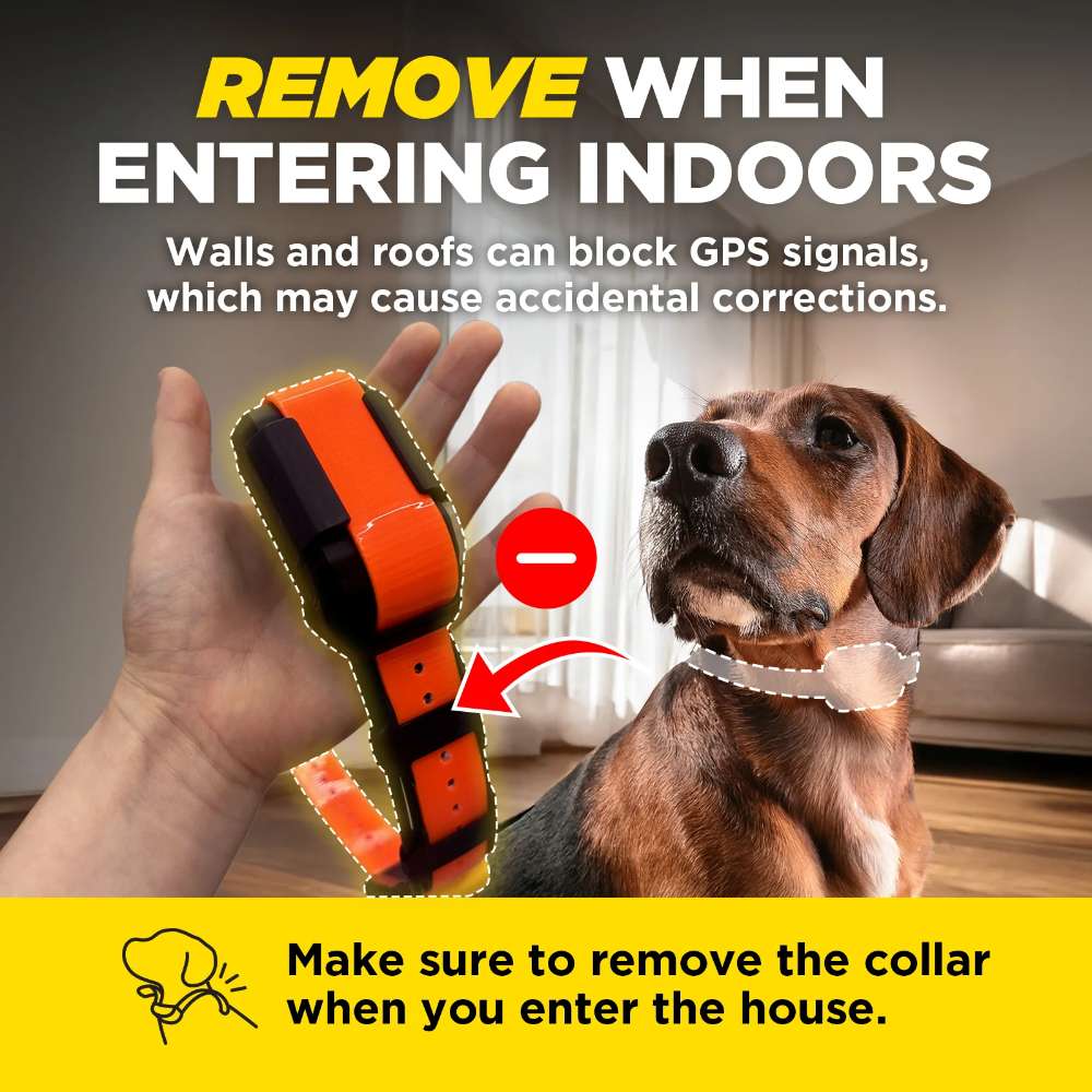 Instruction graphic shows a collar being removed from a dog indoors, noting Dogtra GPS Pathfinder2 E-Collar 9 Mile Range should not be used inside