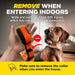 Instruction graphic shows a collar being removed from a dog indoors, noting Dogtra GPS Pathfinder2 E-Collar 9 Mile Range should not be used inside