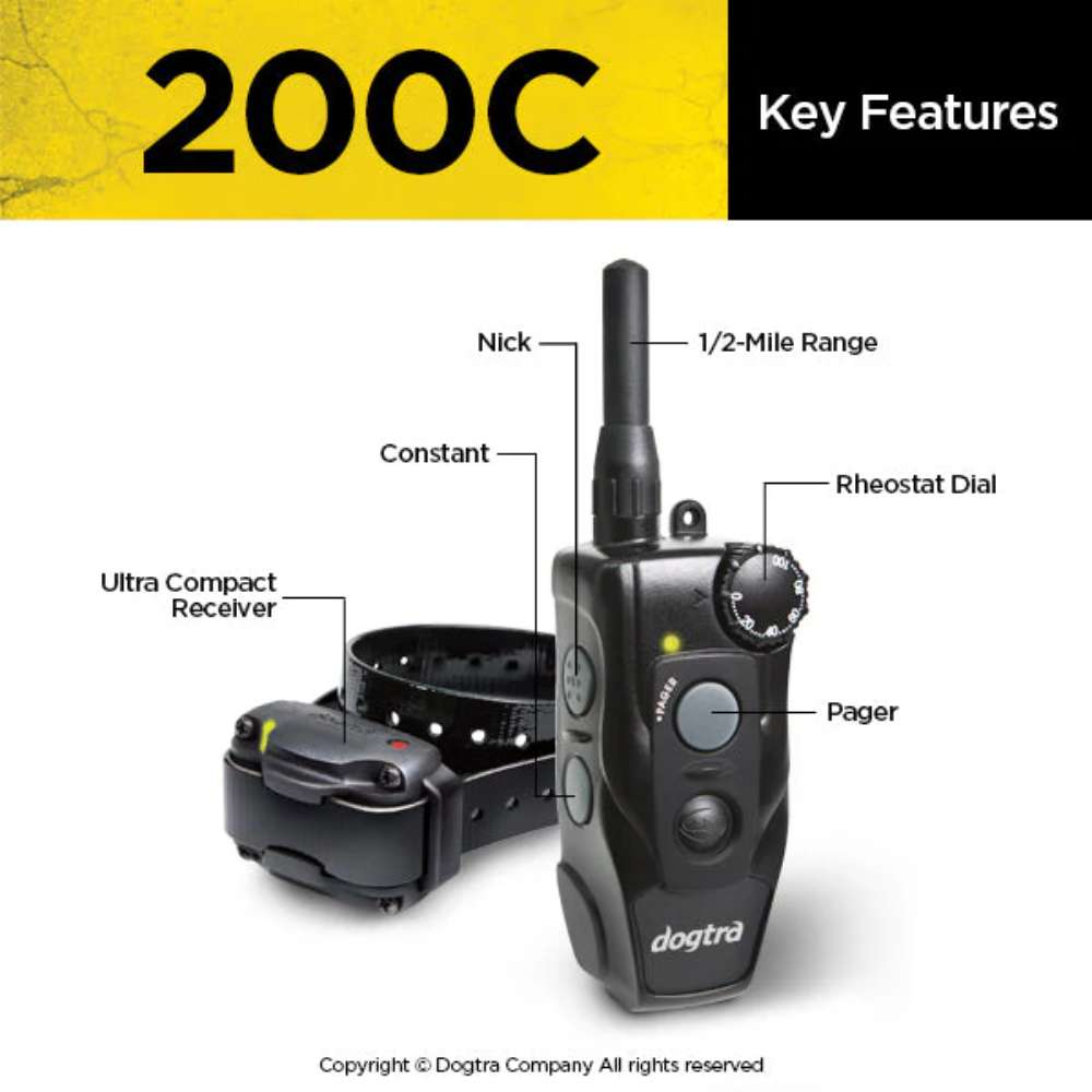 Labeled close-up of Dogtra 200C Compact 1/2 Mile Remote Dog Trainer 1 Dog System shows the remote’s buttons, rheostat dial, and compact collar receiver